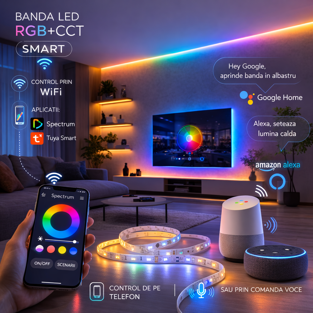 KIT Banda LED RGB+CCT 5 Metri,IP44, Smart Compatibil Google si Amazon Alexa