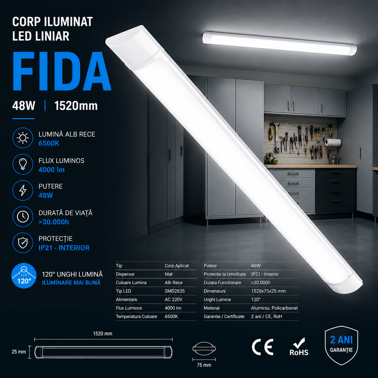 Corp Iluminat LED liniar 48W Fida 150cm Echivalent 350W