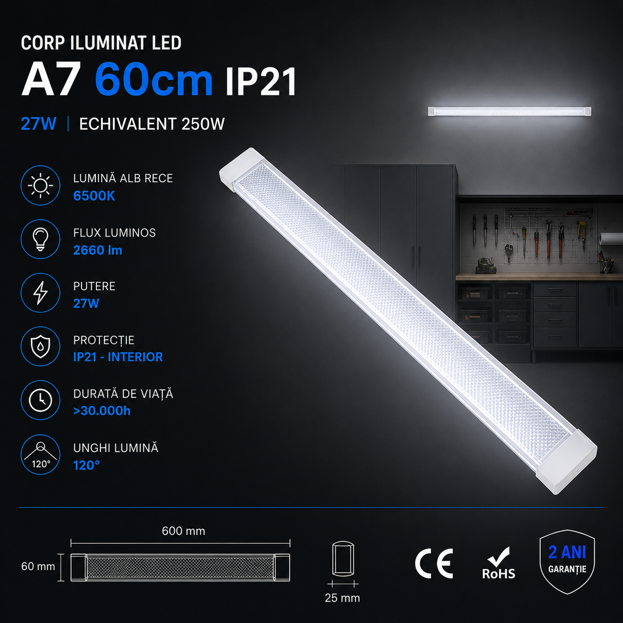 Corp Iluminat LED 27W A7 60cm IP21 Echivalent 250W