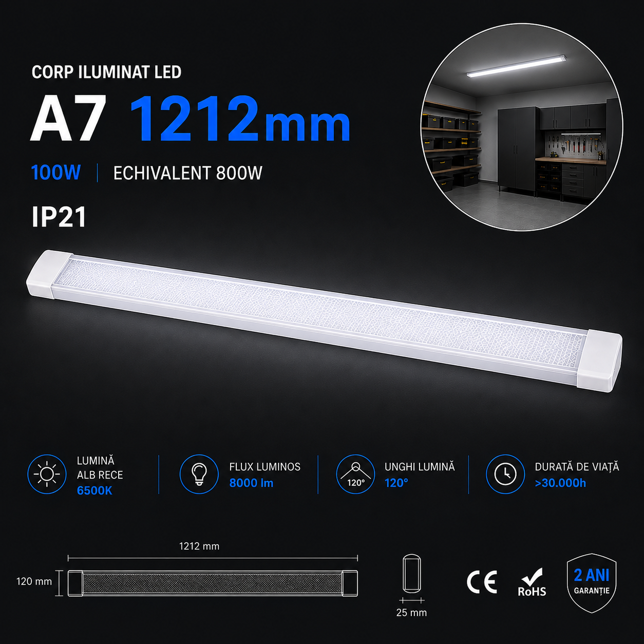 Corp Iluminat LED 100W A7 120cm IP21 Echivalent 800W