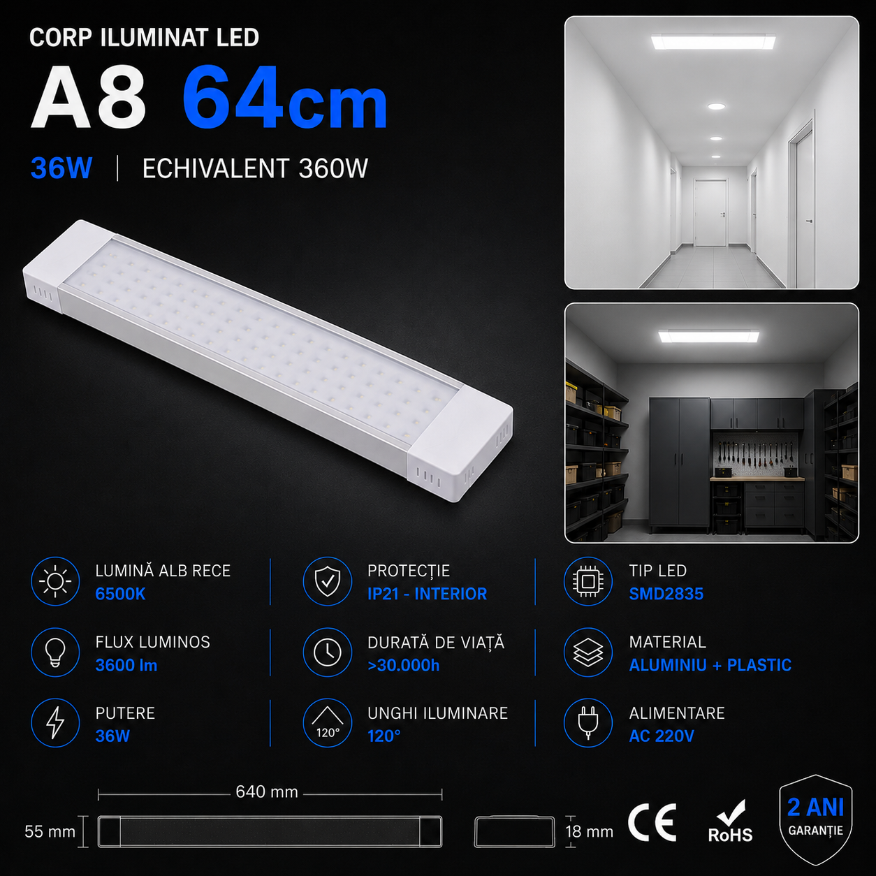 Corp Iluminat LED 36W 64cm A8 Interior