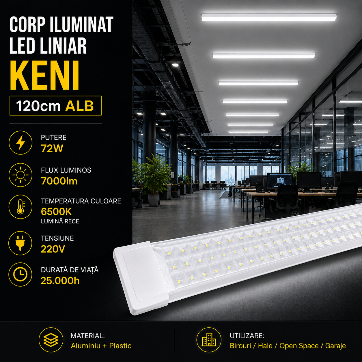 Corp Iluminat LED Liniar Alb KENI 120cm Echivalent 700W