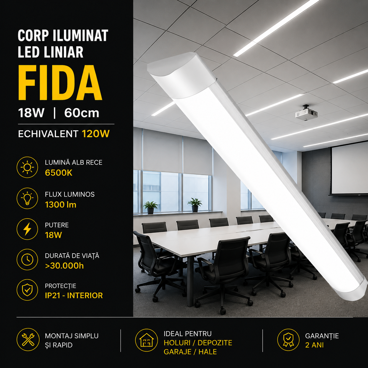 Corp Iluminat LED liniar 18W Fida 60cm Echivalent 120W