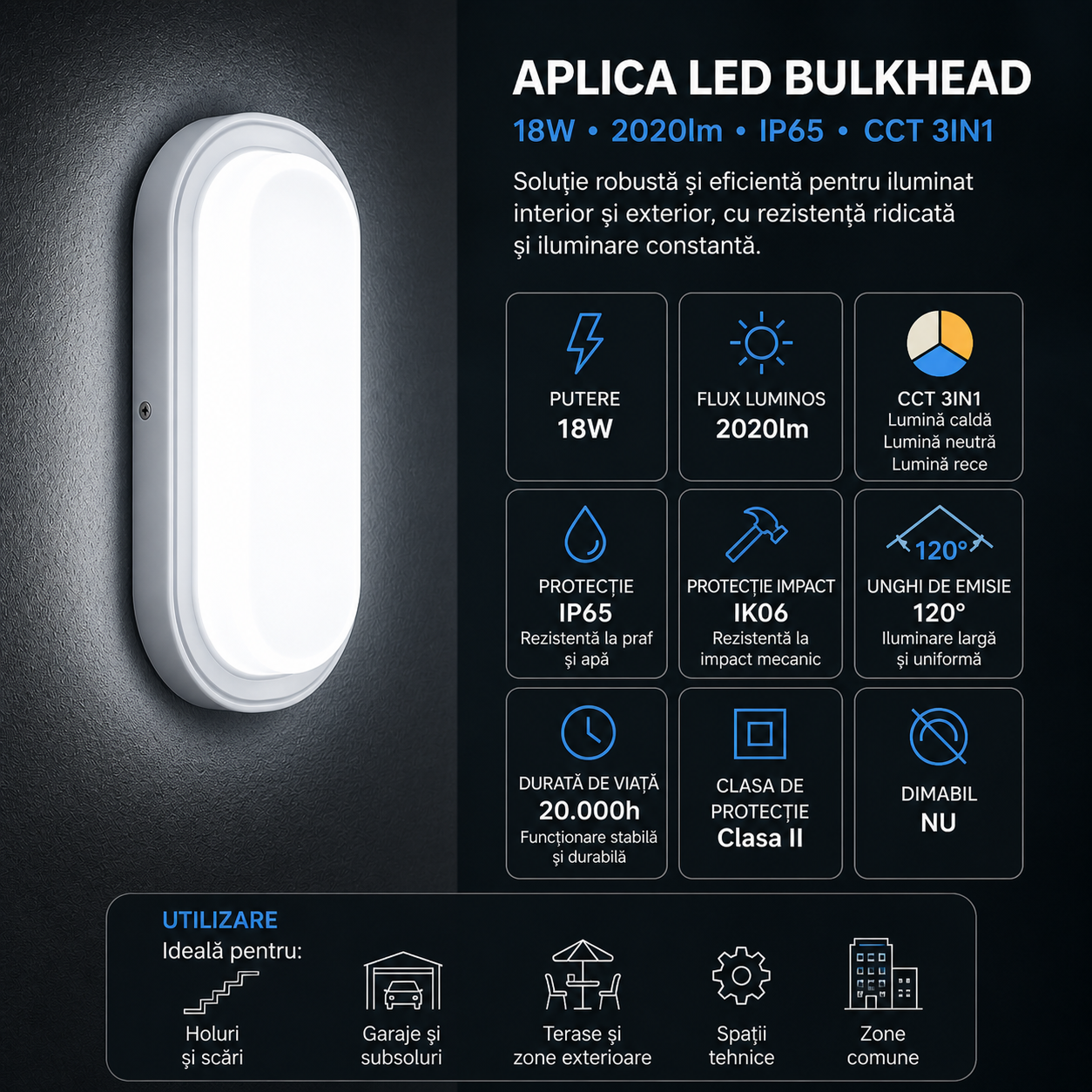 Aplica LED Bulkhead Alba 18W 2020lm IP65 CCT