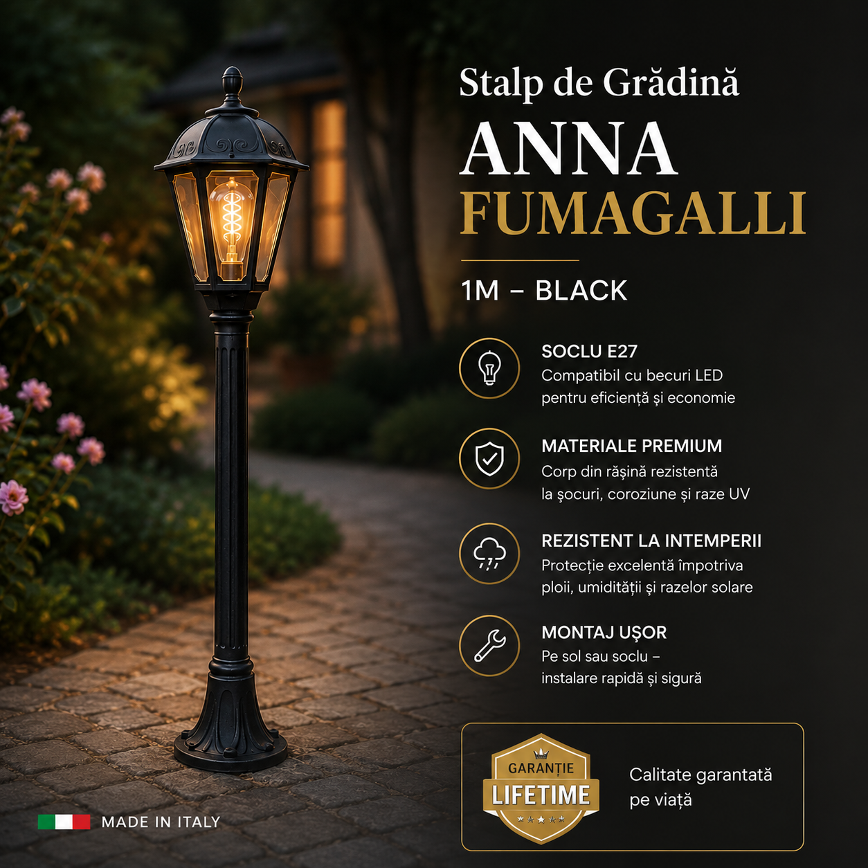 Stalp De Gradina 1M cu Felinar Anna Fumagalli Black Italia, Garantie Lifetime