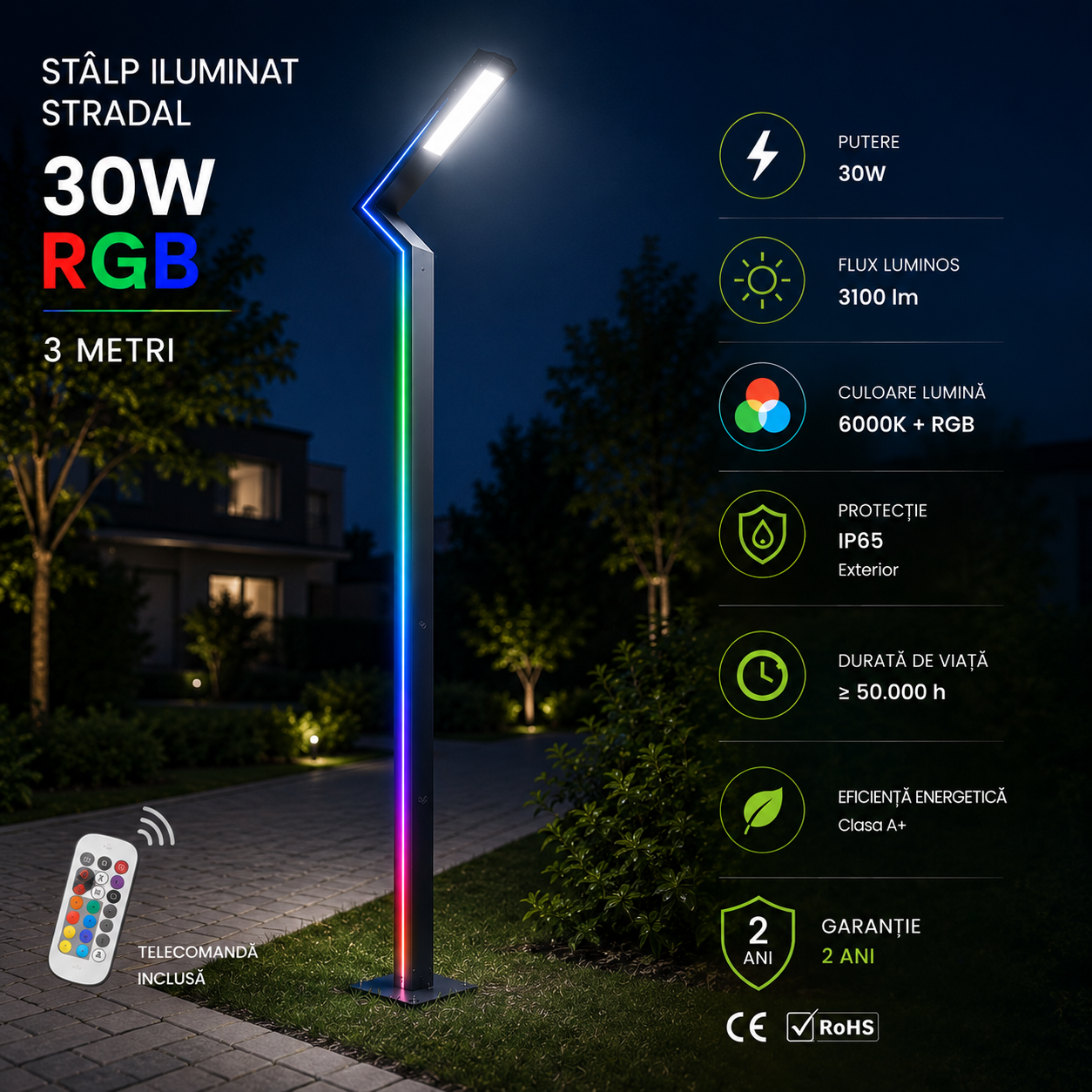 Stalp Iluminat Stradal 30W RGB Telecomanda 3m