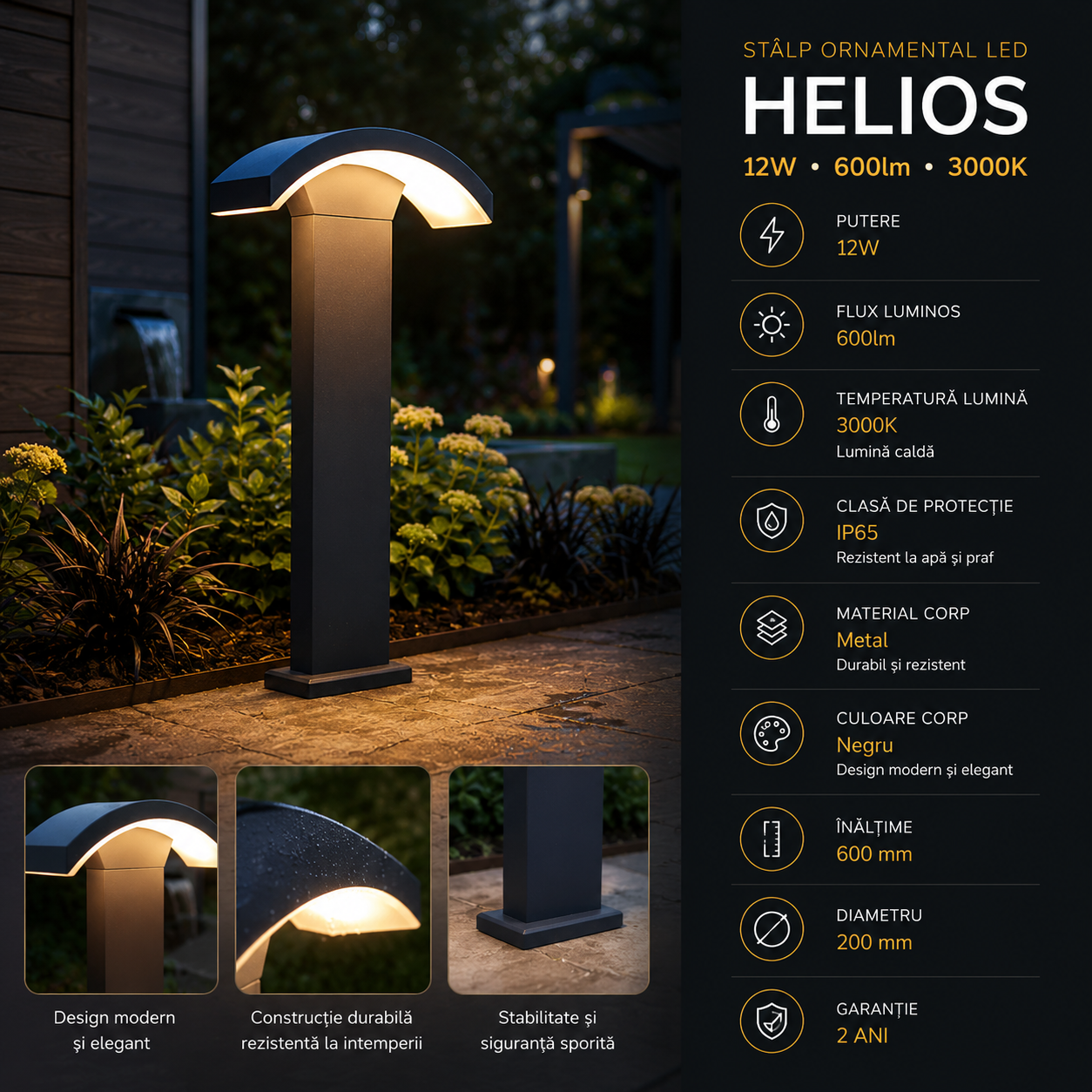 Stalp Ornamental De Gradina LED 12W 600lm 3000K 60CM Helios