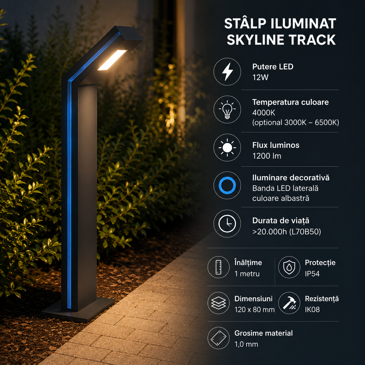 Stalpisor Iluminat Skyline Track 12W CCT + Lumina Albastra – 1M