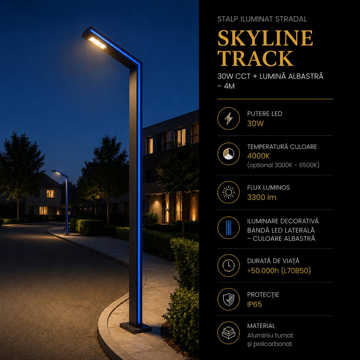 Stalp Iluminat Stradal Skyline Track 30W CCT + Lumina Albastra – 4M