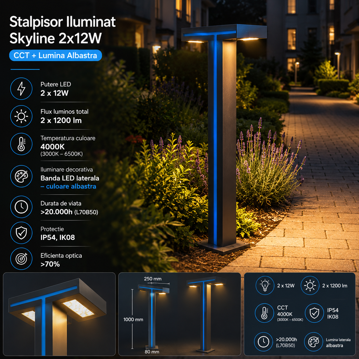 Stalpisor Iluminat Skyline 2x12W CCT + Lumina Albastra – 1M