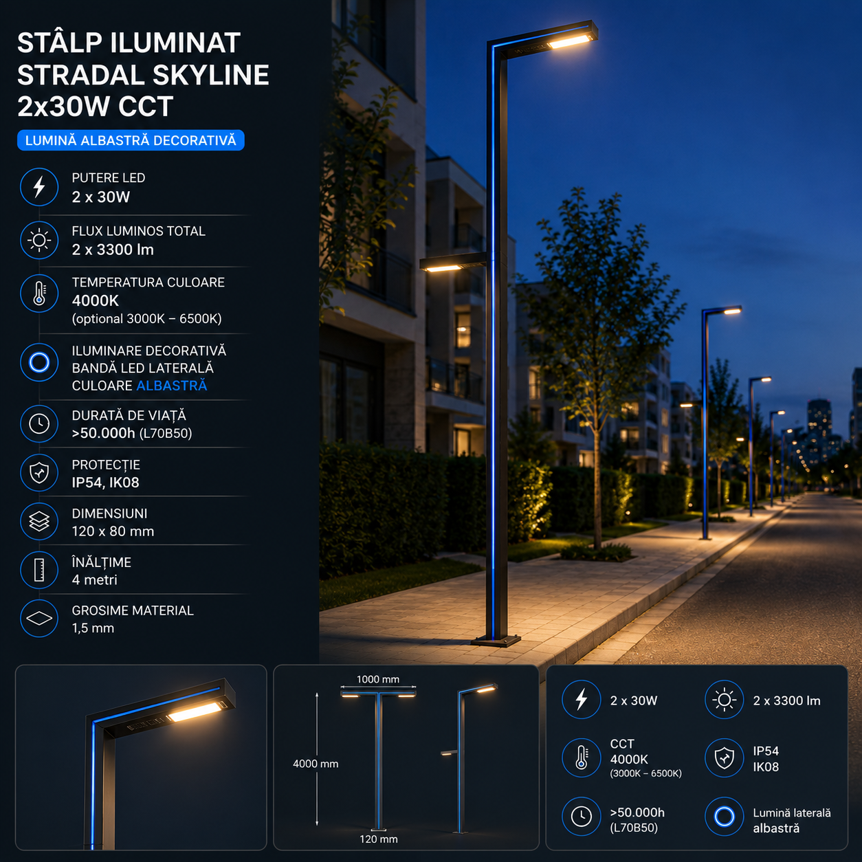 Stalp Iluminat Stradal Skyline 2x30W CCT + Lumina Albastra – 4M