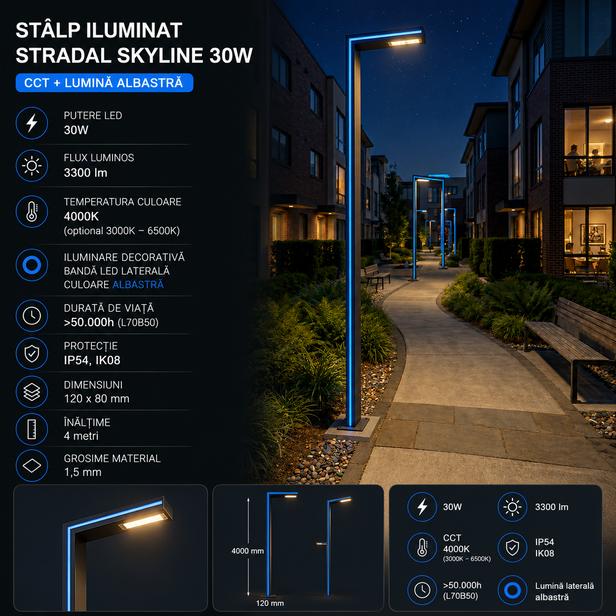 Stalp Iluminat Stradal Skyline 30W CCT + Lumina Albastra – 4M