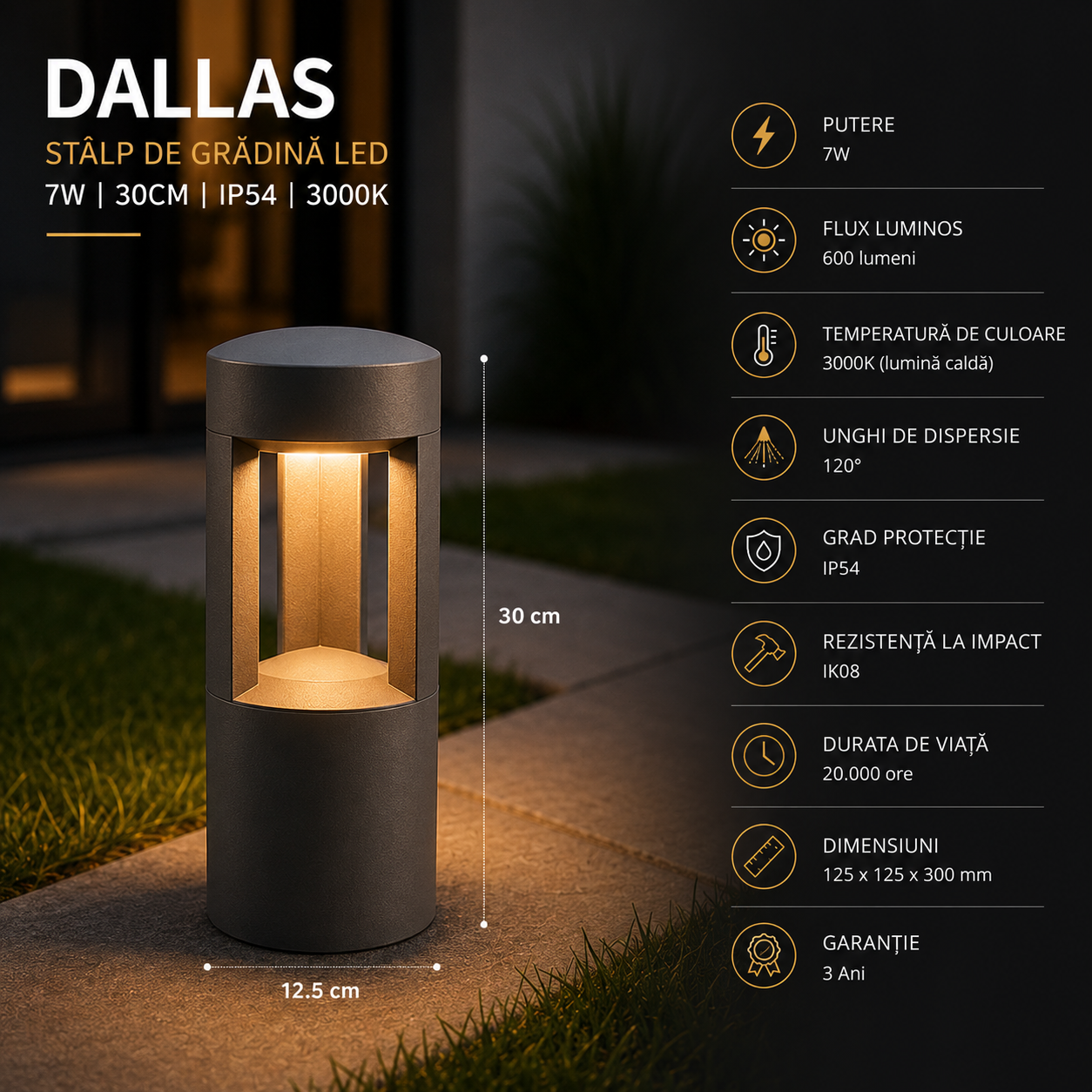 Stalp de Gradina LED DALLAS Gri 7W, 30cm, IP54, 3000K