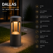 Stalp de Gradina LED DALLAS Gri 7W, 30cm, IP54, 3000K