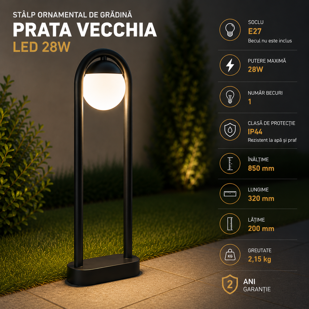 Stalp Ornamental de Gradina LED 28W PRATA VECCHIA 85CM 98733