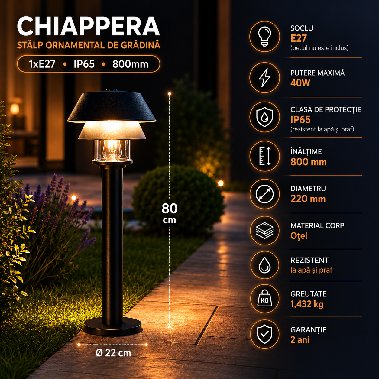 Stalp Ornamental de Gradina 1xE27 IP65 900803 CHIAPPERA