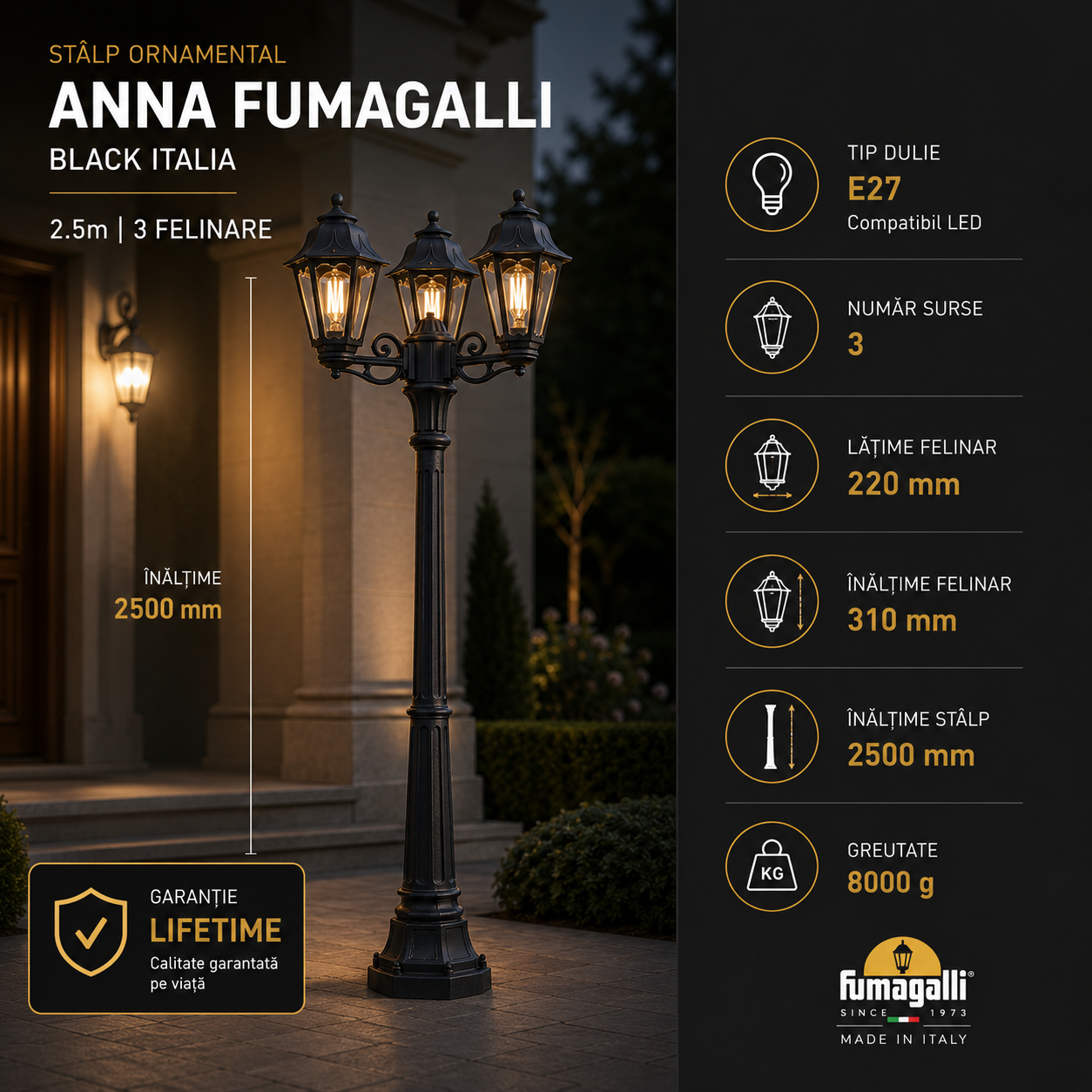 Stalp Ornamental 2.5 Metri Echipat Cu 3 Felinare Anna Fumagalli Black Italia, Garantie Lifetime