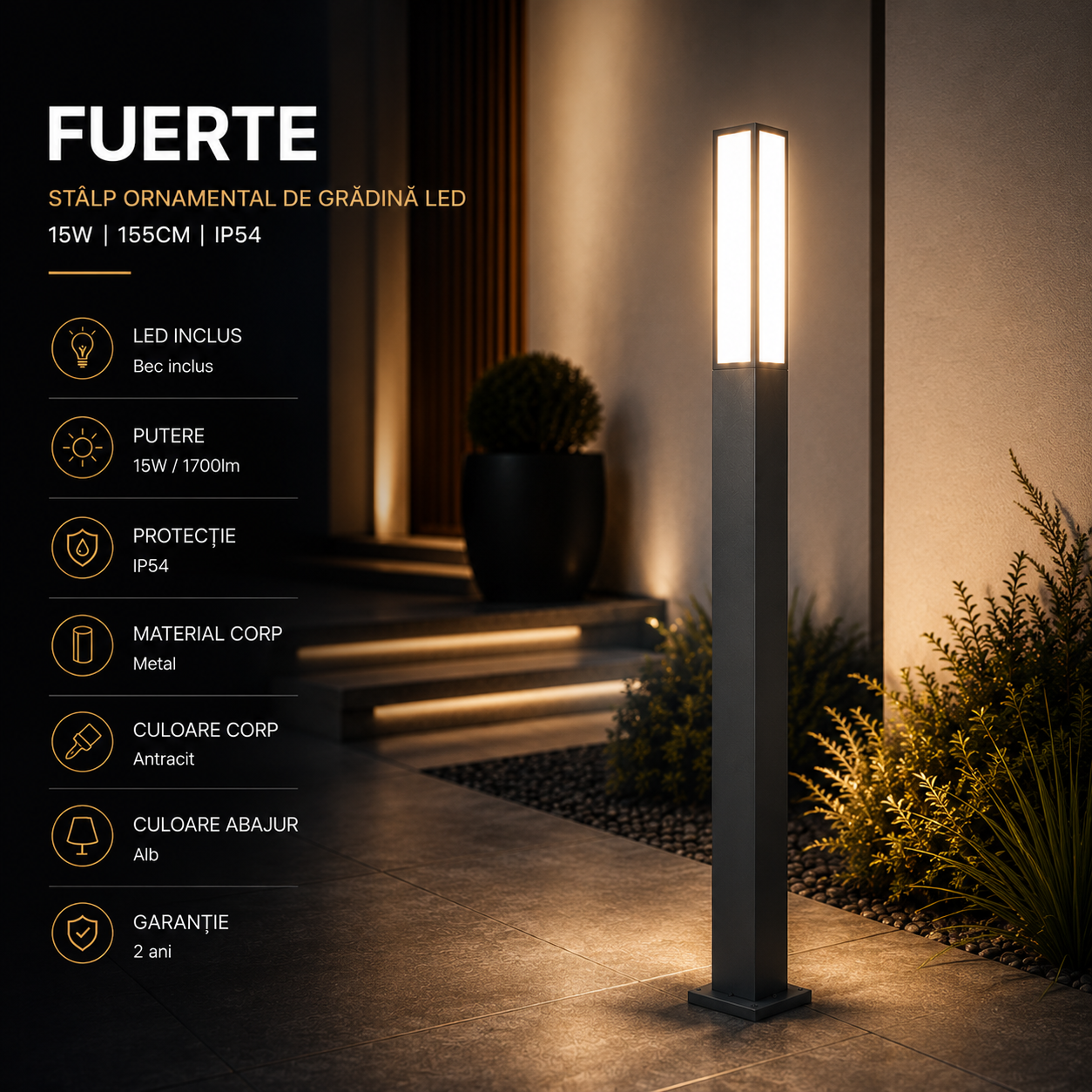 Stalp Ornamental De Gradina LED 15W 155CM FUERTE