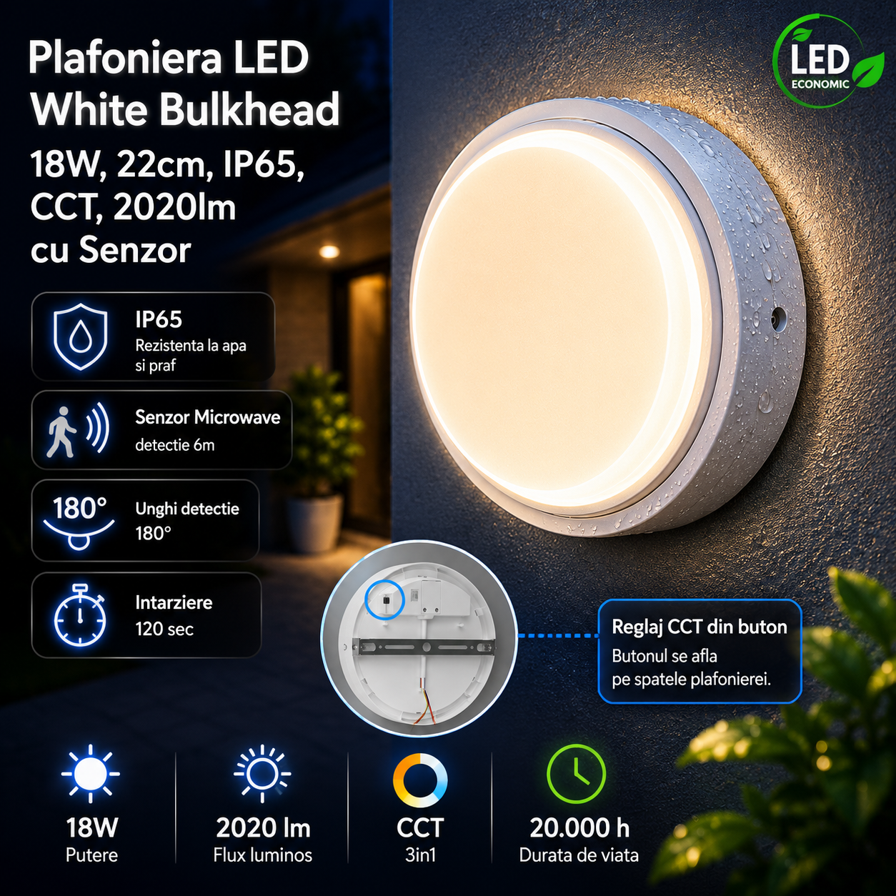 Plafoniera LED White Bulkhead 18W, 22cm, IP65, CCT, 2020lm cu Senzor