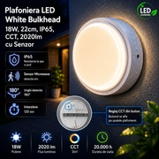 Plafoniera LED White Bulkhead 18W, 22cm, IP65, CCT, 2020lm cu Senzor