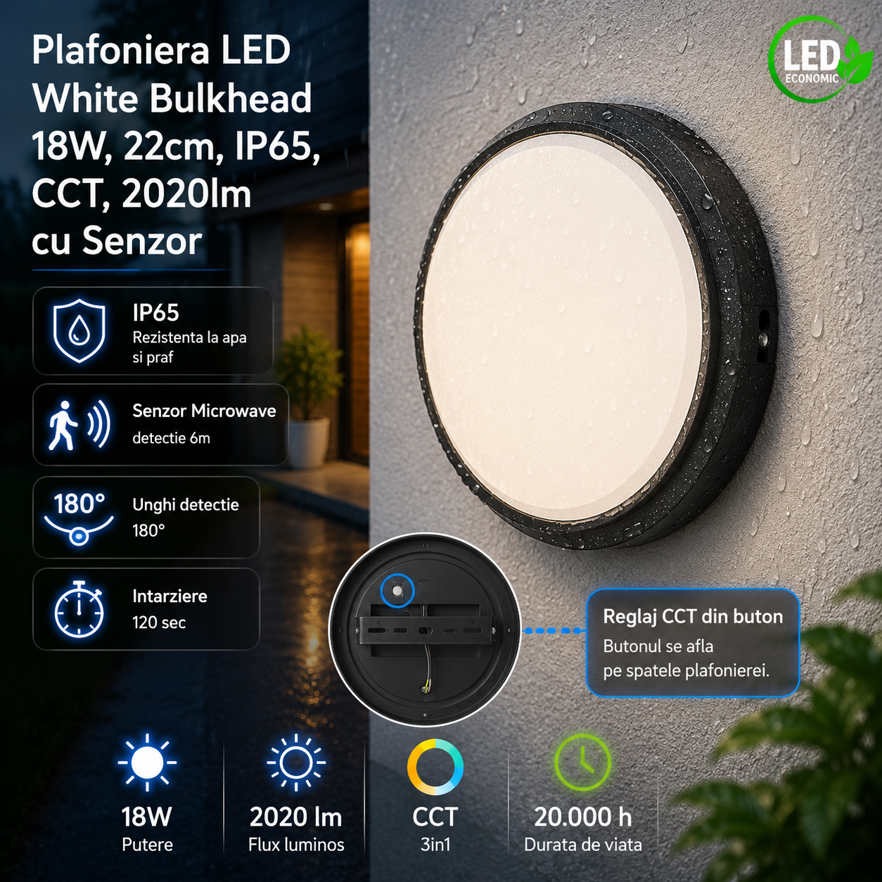 Plafoniera LED Black Bulkhead 18W, 22cm, IP65, CCT, 2020lm cu Senzor