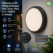 Plafoniera LED Black Bulkhead 18W, 22cm, IP65, CCT, 2020lm cu Senzor