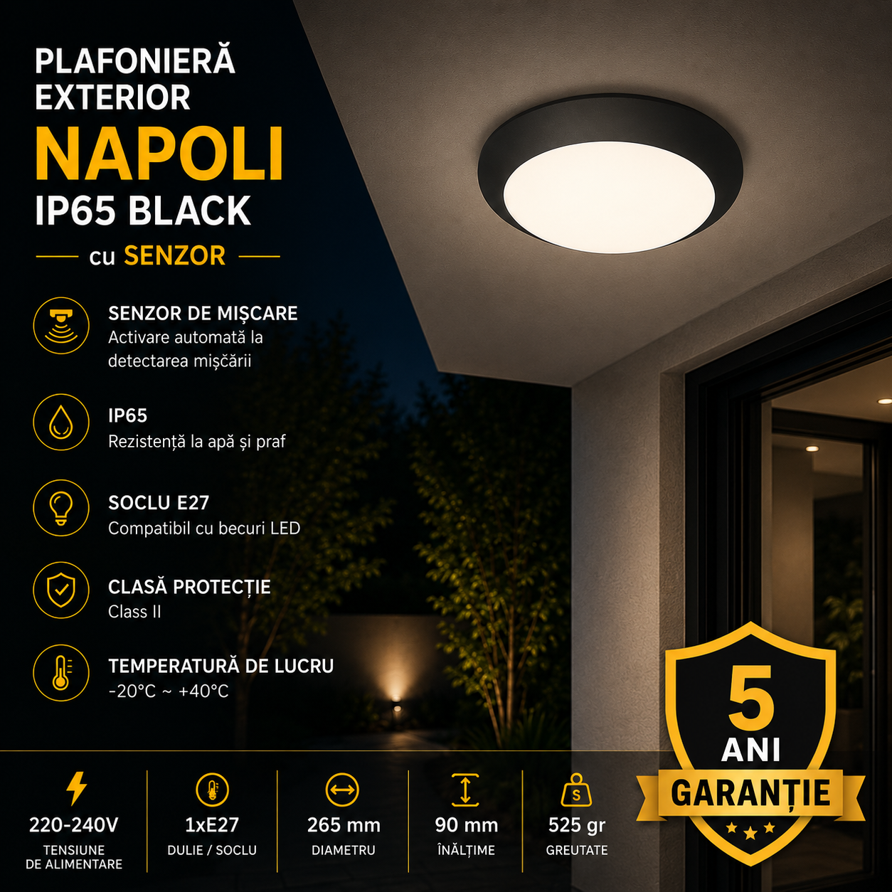 Plafoniera Exterior 1xE27 NAPOLI IP65 Black cu Senzor 5 Ani Garantie