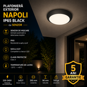 Plafoniera Exterior 1xE27 NAPOLI IP65 Black cu Senzor 5 Ani Garantie