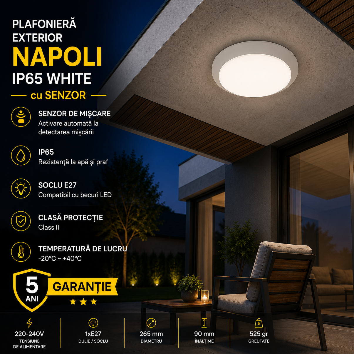 Plafoniera Exterior 1xE27 NAPOLI IP65 White cu Senzor 5 Ani Garantie