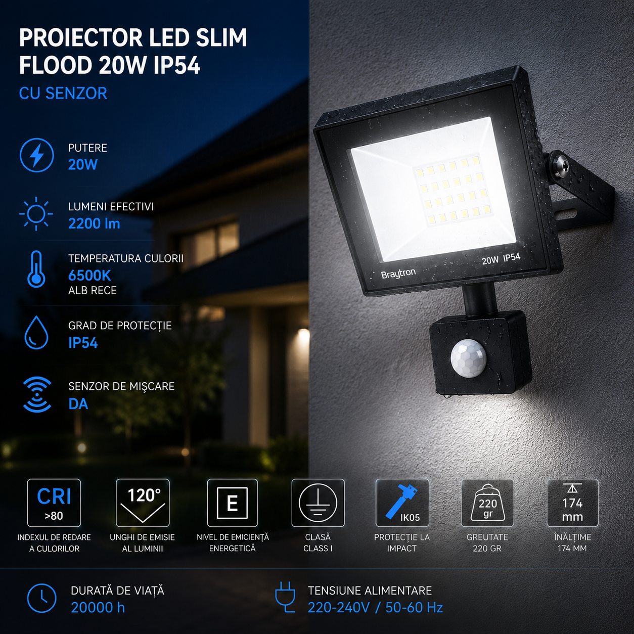 Proiector LED FLOOD Black 20W IP54 cu Senzor 6500K