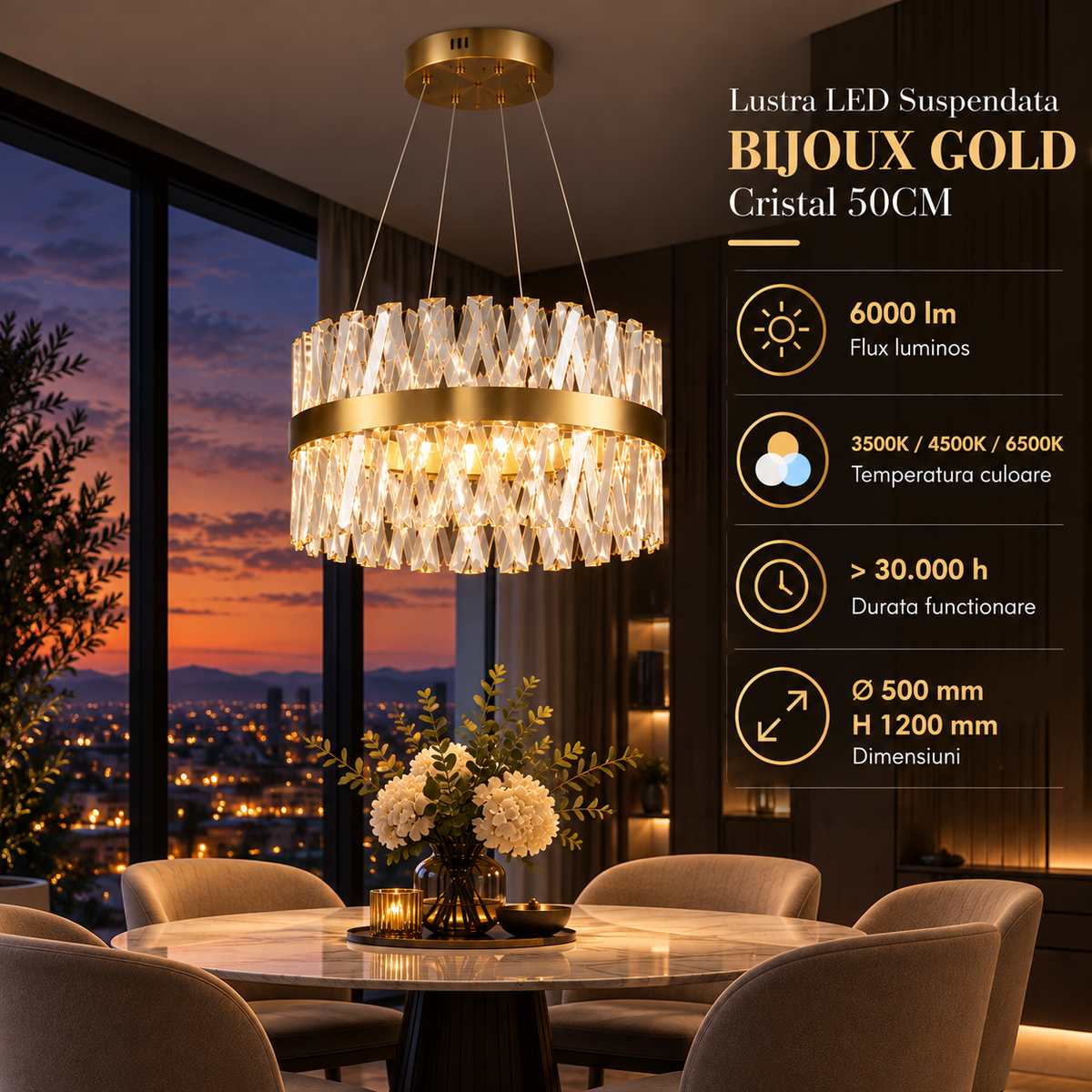 Lustra LED Suspendata Bijoux Gold Cristal Telecomanda 50CM