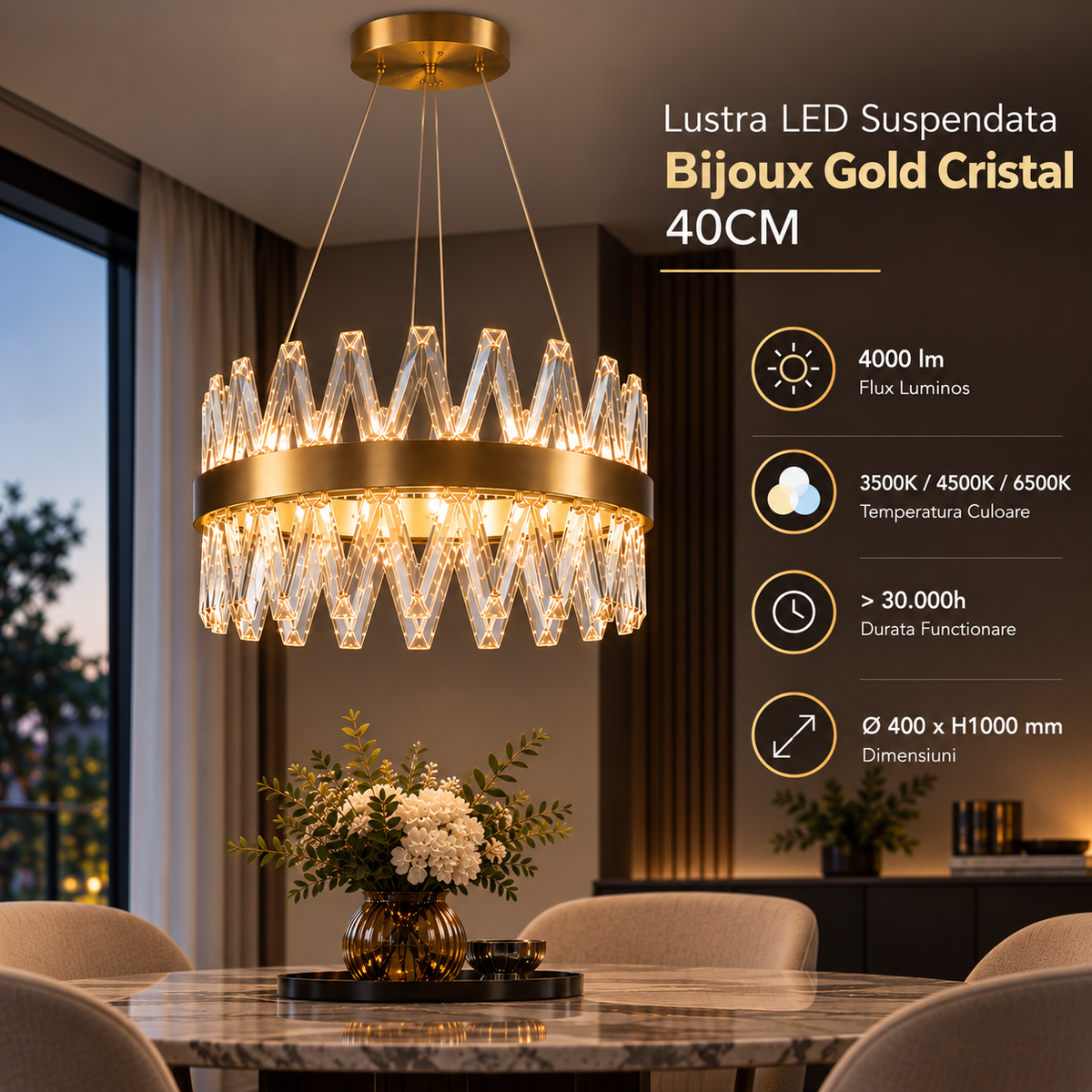 Lustra LED Suspendata Bijoux Gold Cristal Telecomanda 40CM