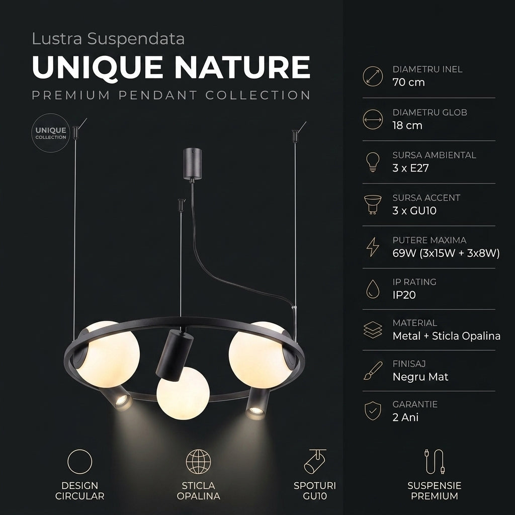 Lustra Abajur UNIQUE NATURE 3xE27 cu 3 Spoturi GU10