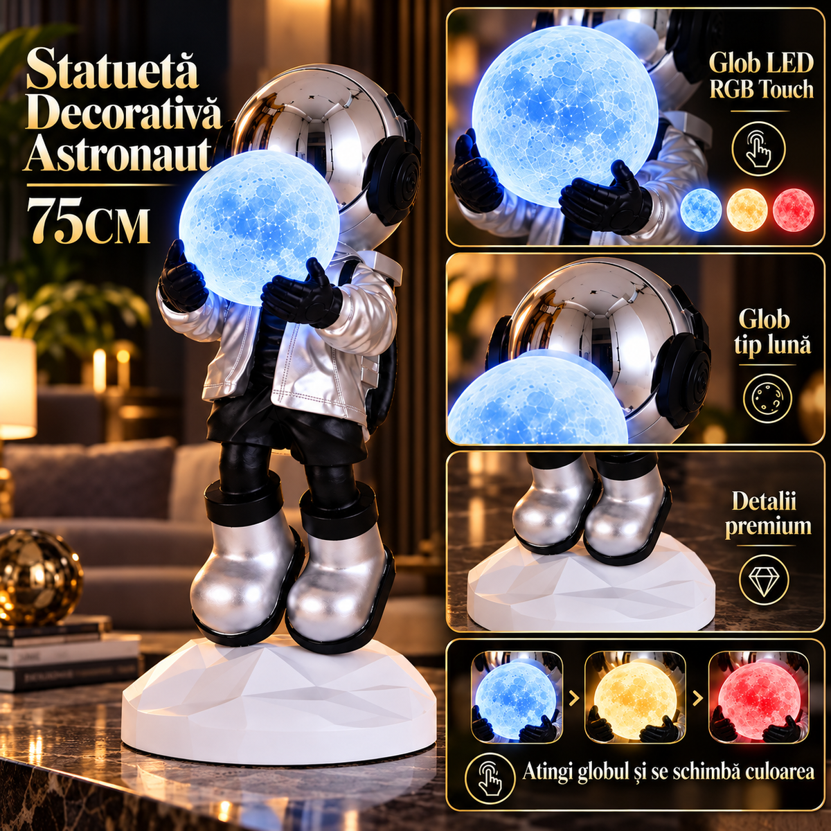 Statueta Decorativa Astronaut 75CM cu Glob LED RGB Touch