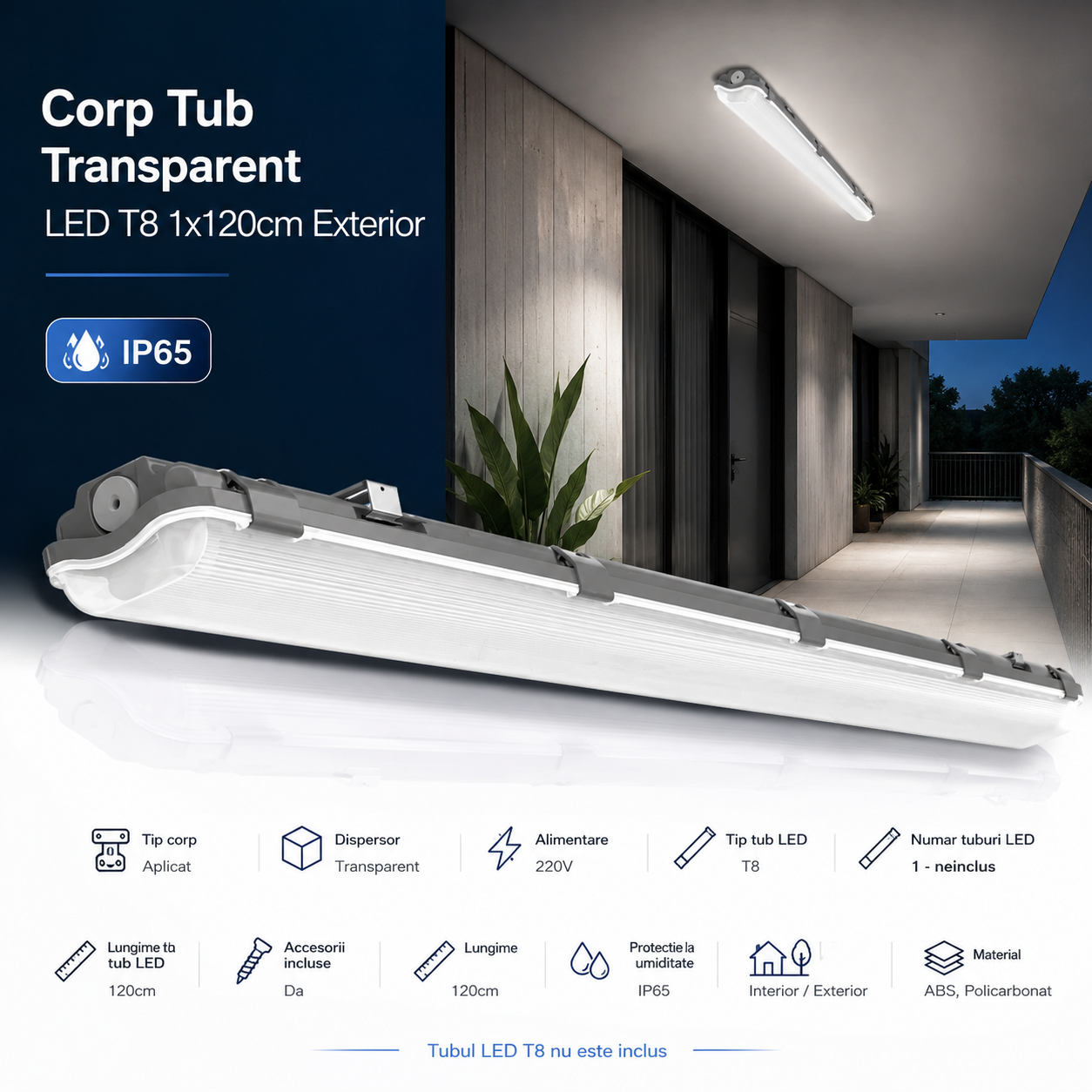 Corp Tub LED Transparent T8 1x120cm IP65 Exterior - Alimentare Ambele Capete