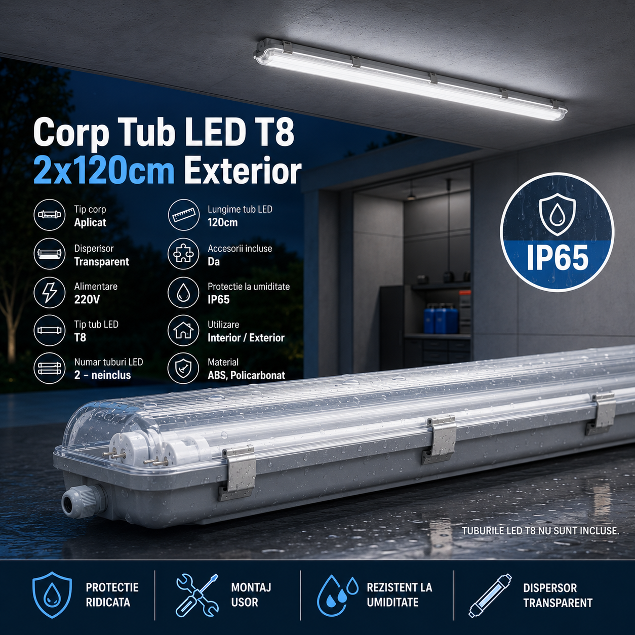 Corp Tub LED Transparent T8 2x120cm Exterior