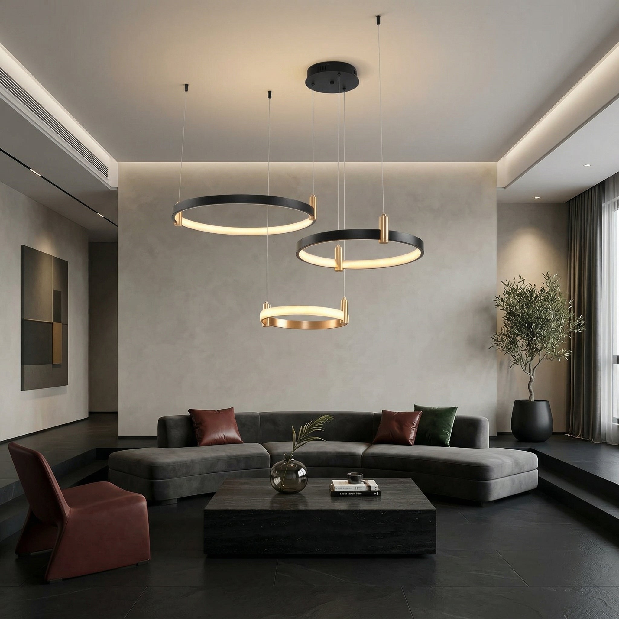 Lustra LED Suspendata MALLORCA Black 3 Cercuri Mobile Telecomanda Echivalent 800W