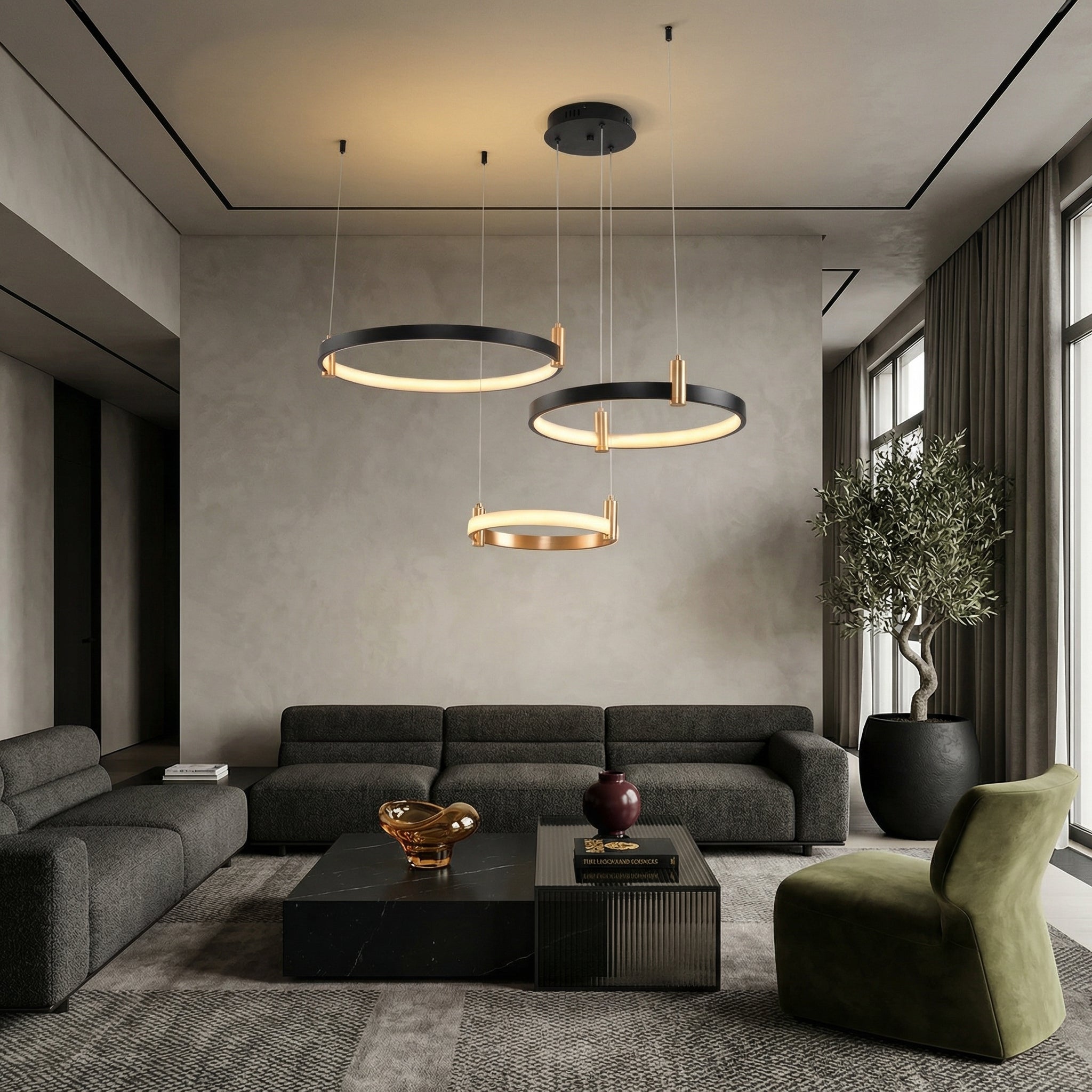 Lustra LED Suspendata MALLORCA Black 3 Cercuri Mobile Telecomanda Echivalent 800W