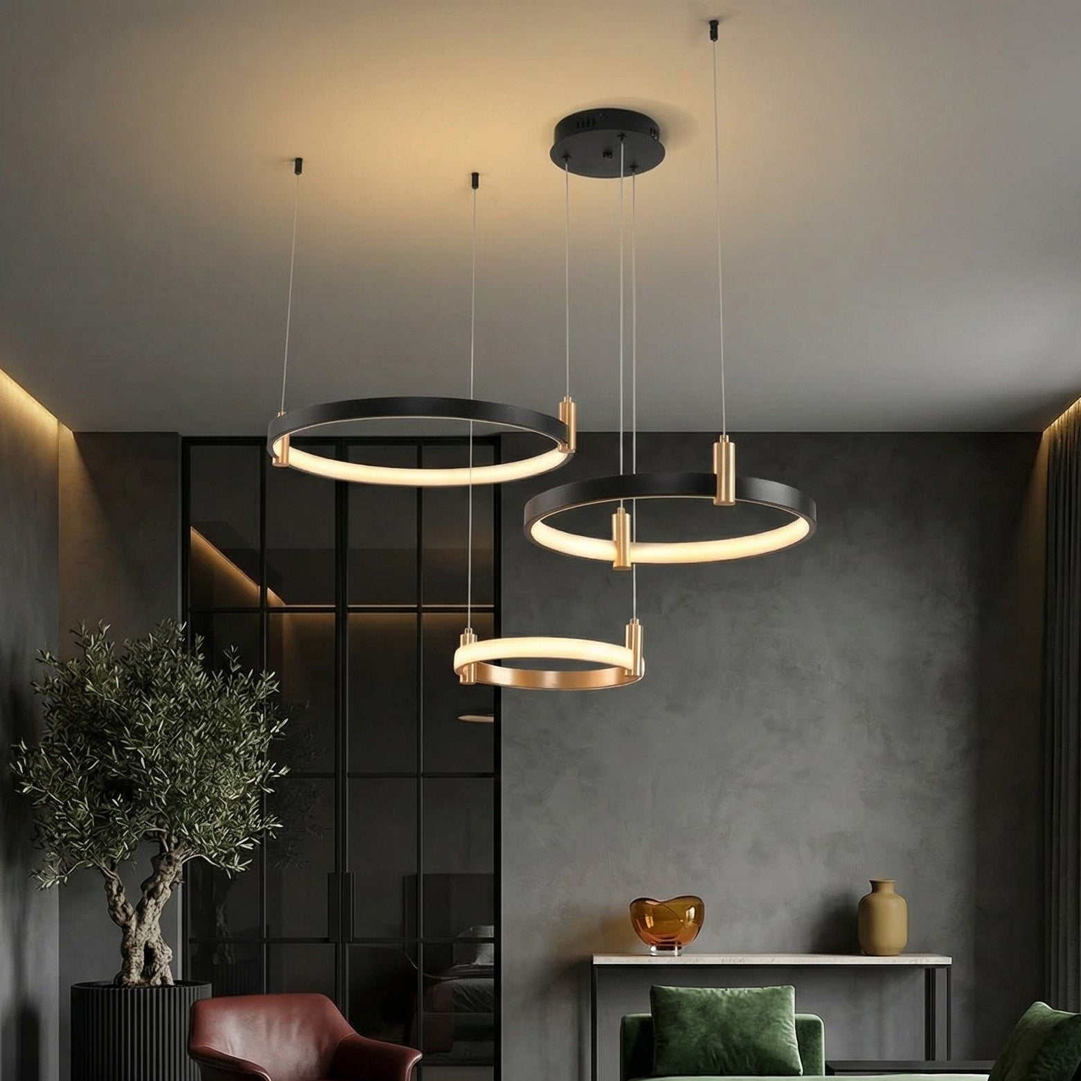 Lustra LED Suspendata MALLORCA Black 3 Cercuri Mobile Telecomanda Echivalent 800W