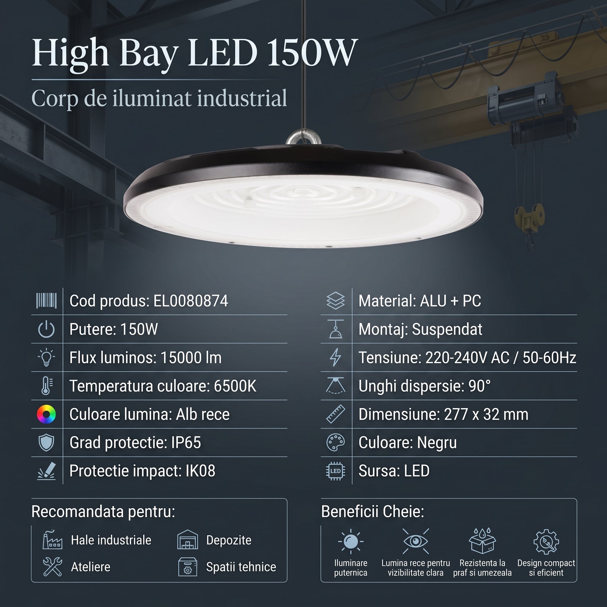 Lampa LED Industriala High Bay 150W 6500K IP65 Ø277mm