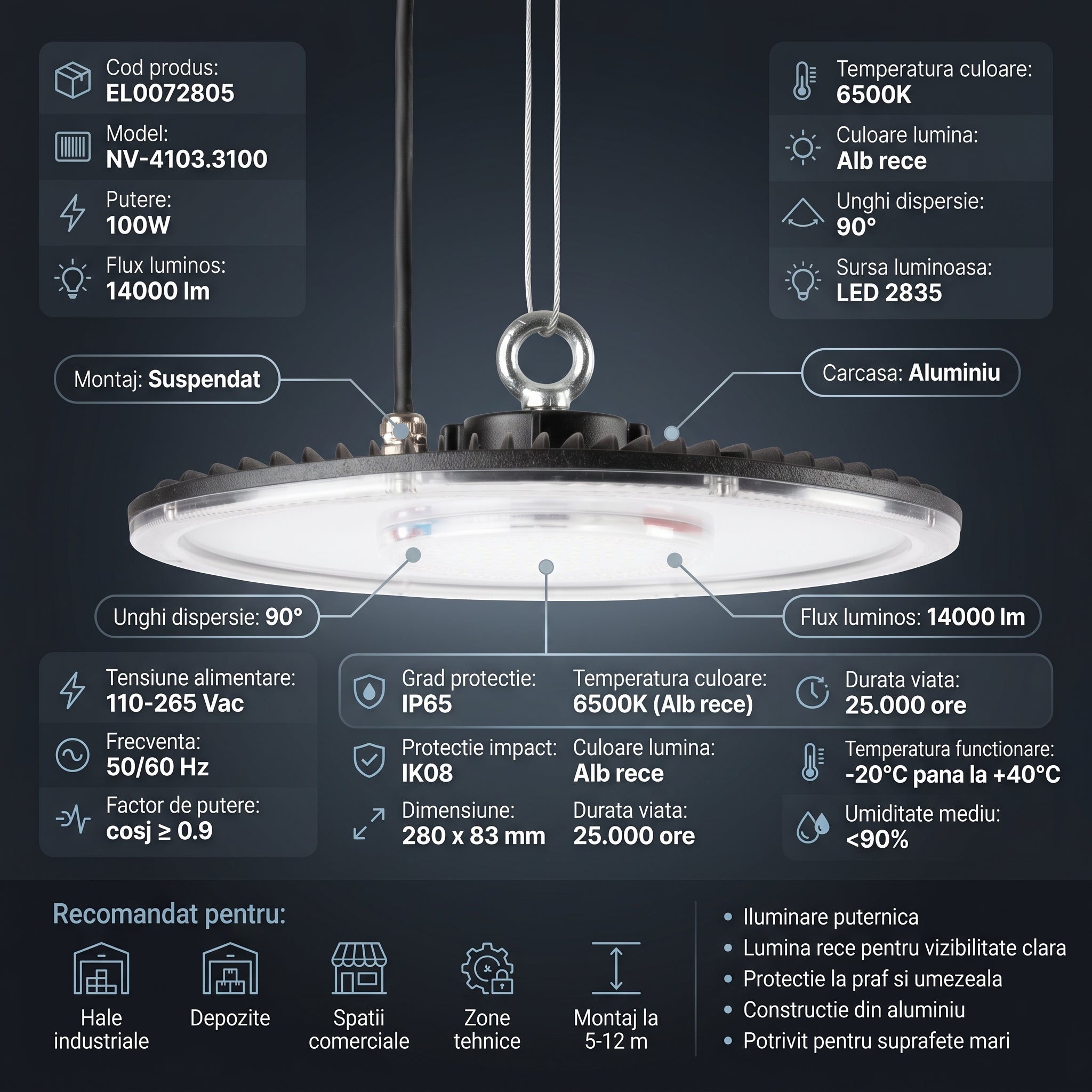 Lampa LED Industriala High Bay 100W 6500K IP65 Ø280mm