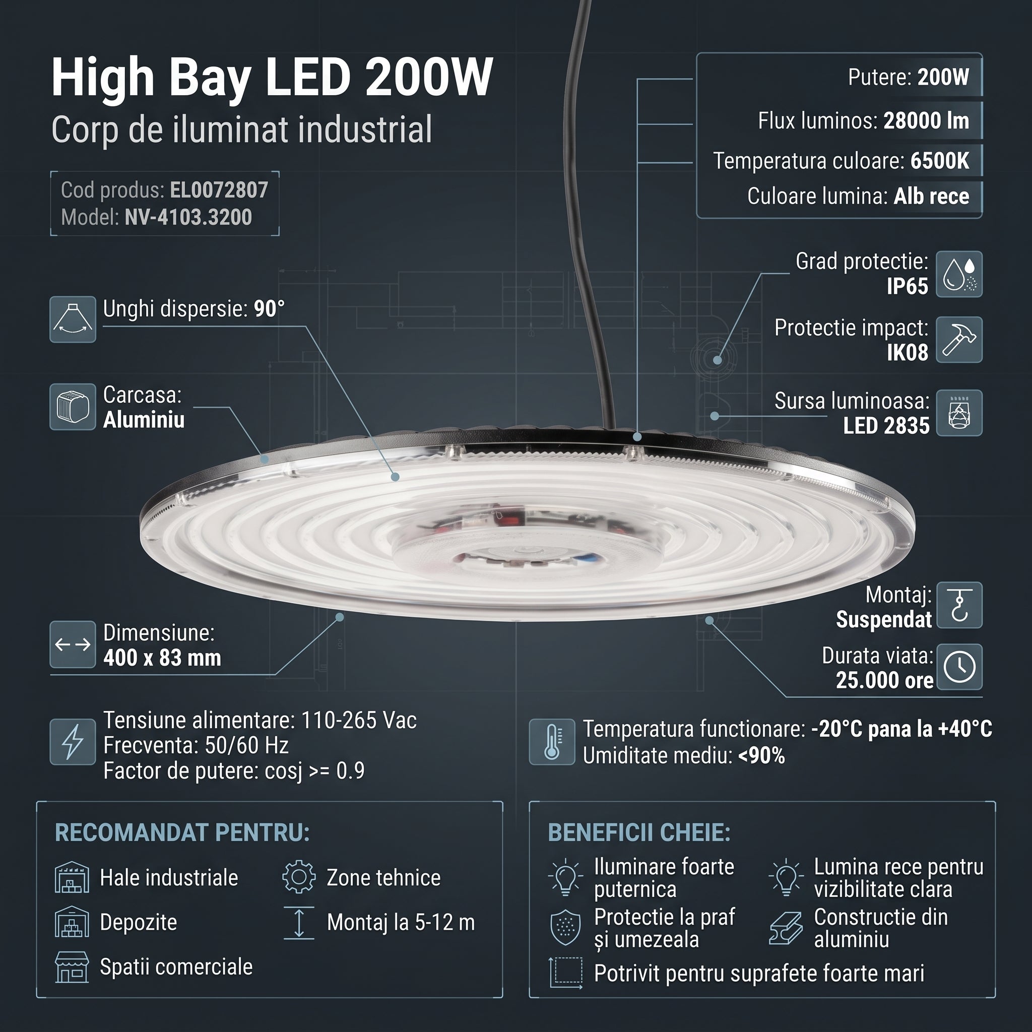 Lampa LED Industriala High Bay 200W 6500K IP65 Ø400mm