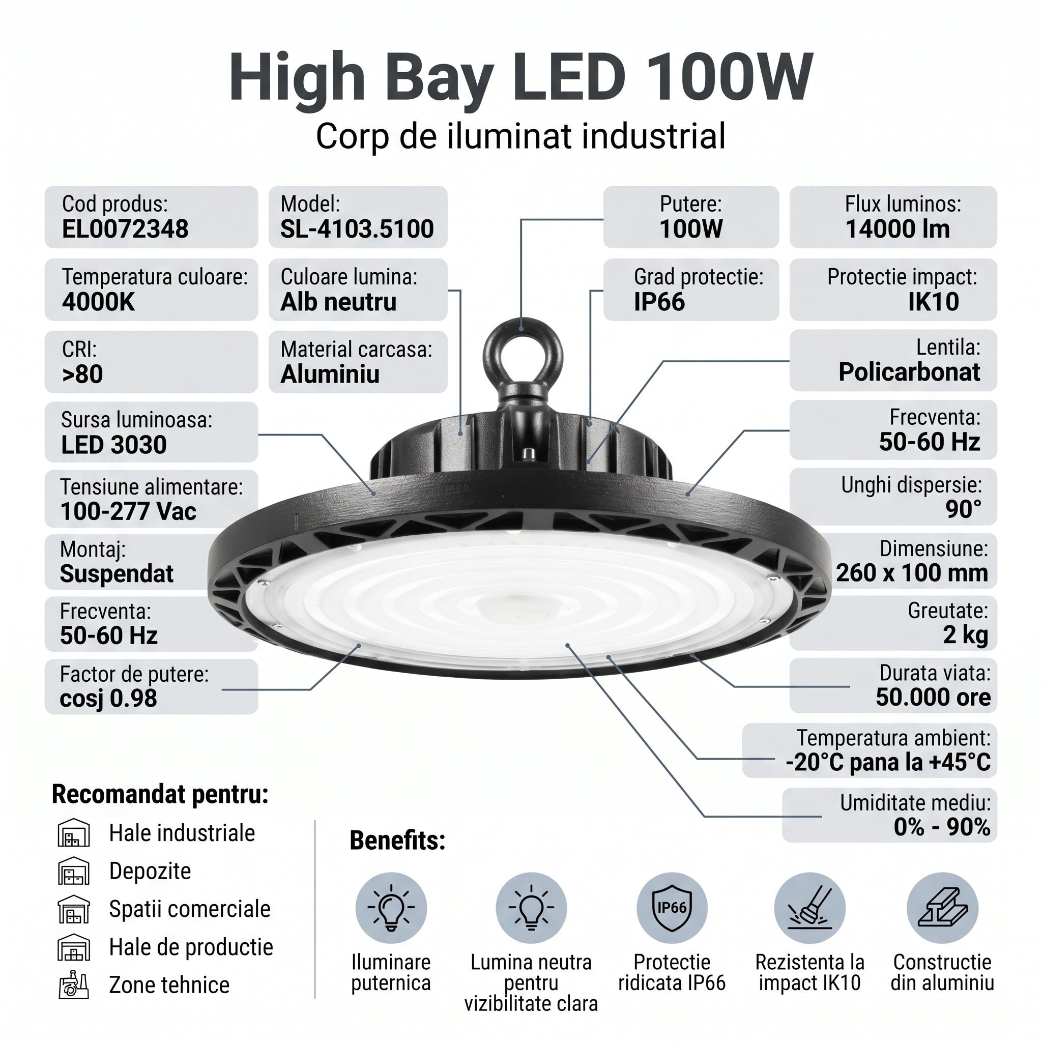 Lampa LED Industriala High Bay 100W 4000K IP66 Ø260mm