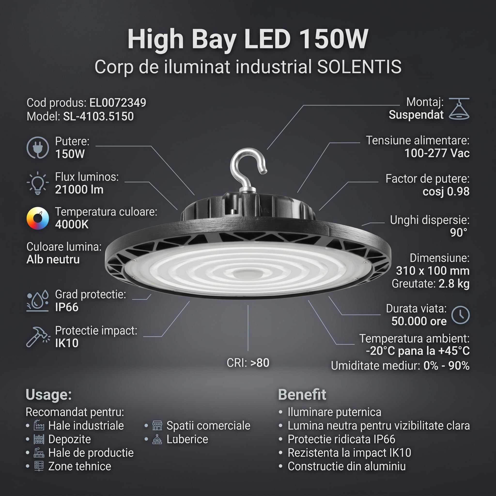 Lampa LED Industriala High Bay SOLENTIS 150W 4000K IP66 Ø310mm