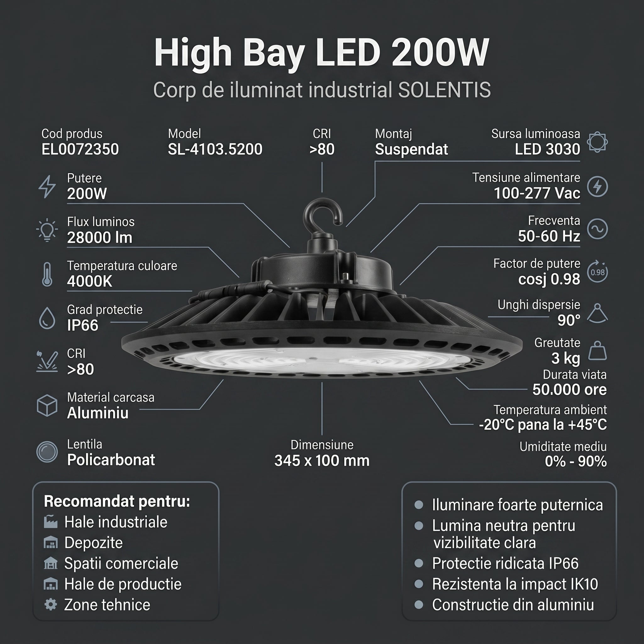 Lampa LED Industriala High Bay SOLENTIS 200W 4000K IP66 Ø345mm