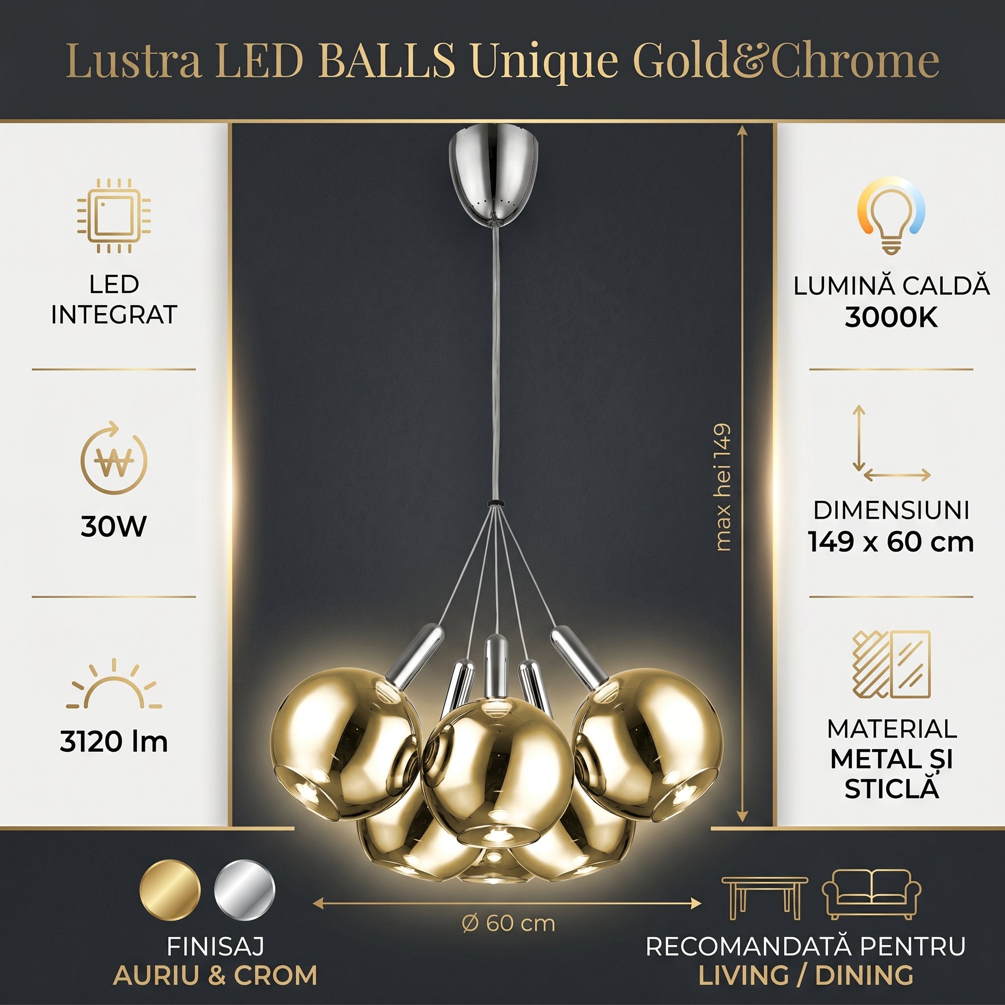 Lustra LED BALLS Unique Gold&Chrome Echivalent 200W