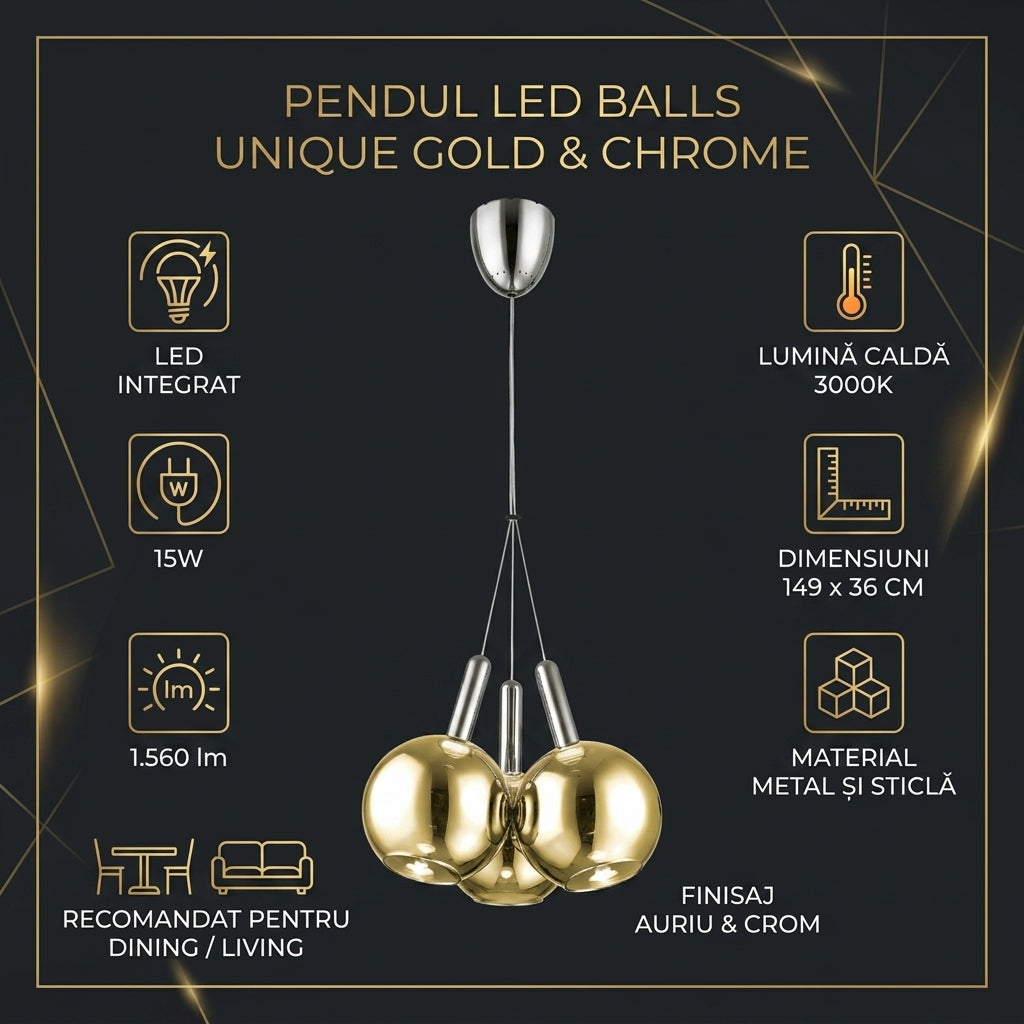 Pendul LED BALLS Unique Gold&Chrome Echivalent 100W