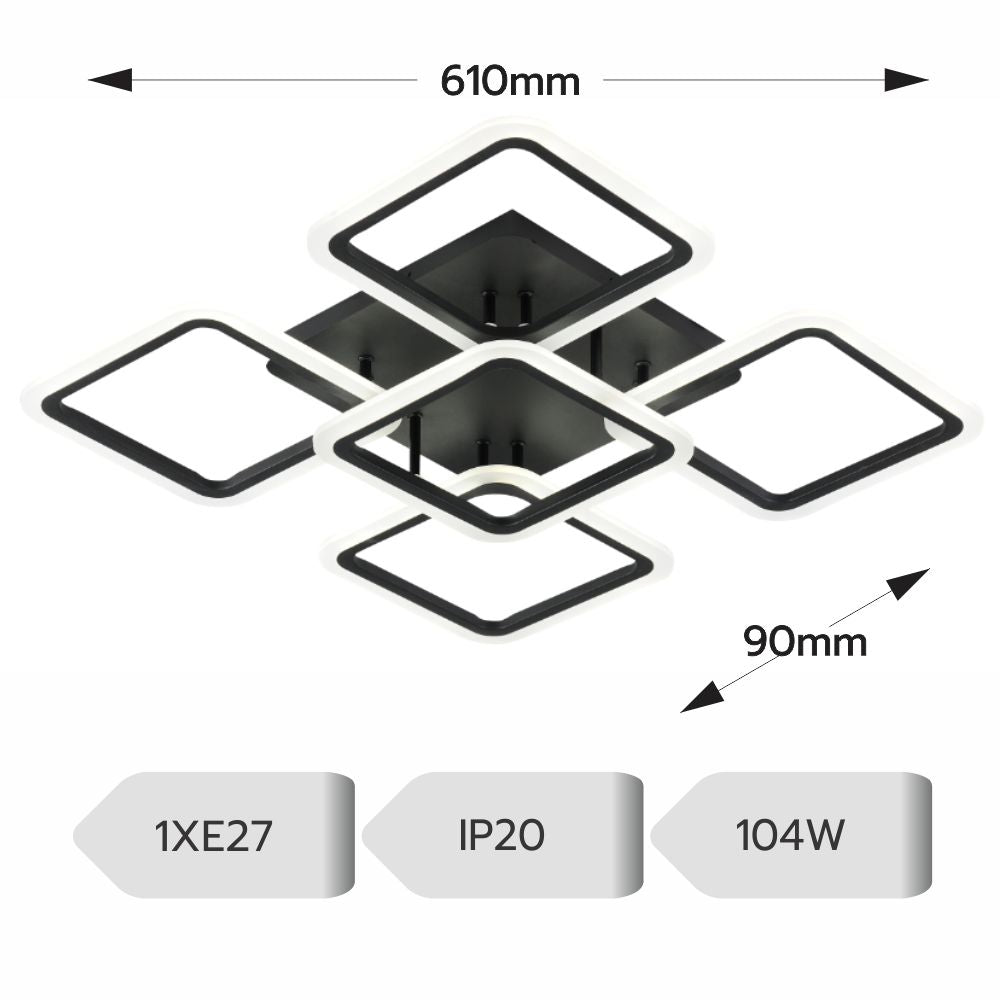 Lustra LED 4+1 Big SQUARE BLACK 60CM Echivalent 850W Telecomanda