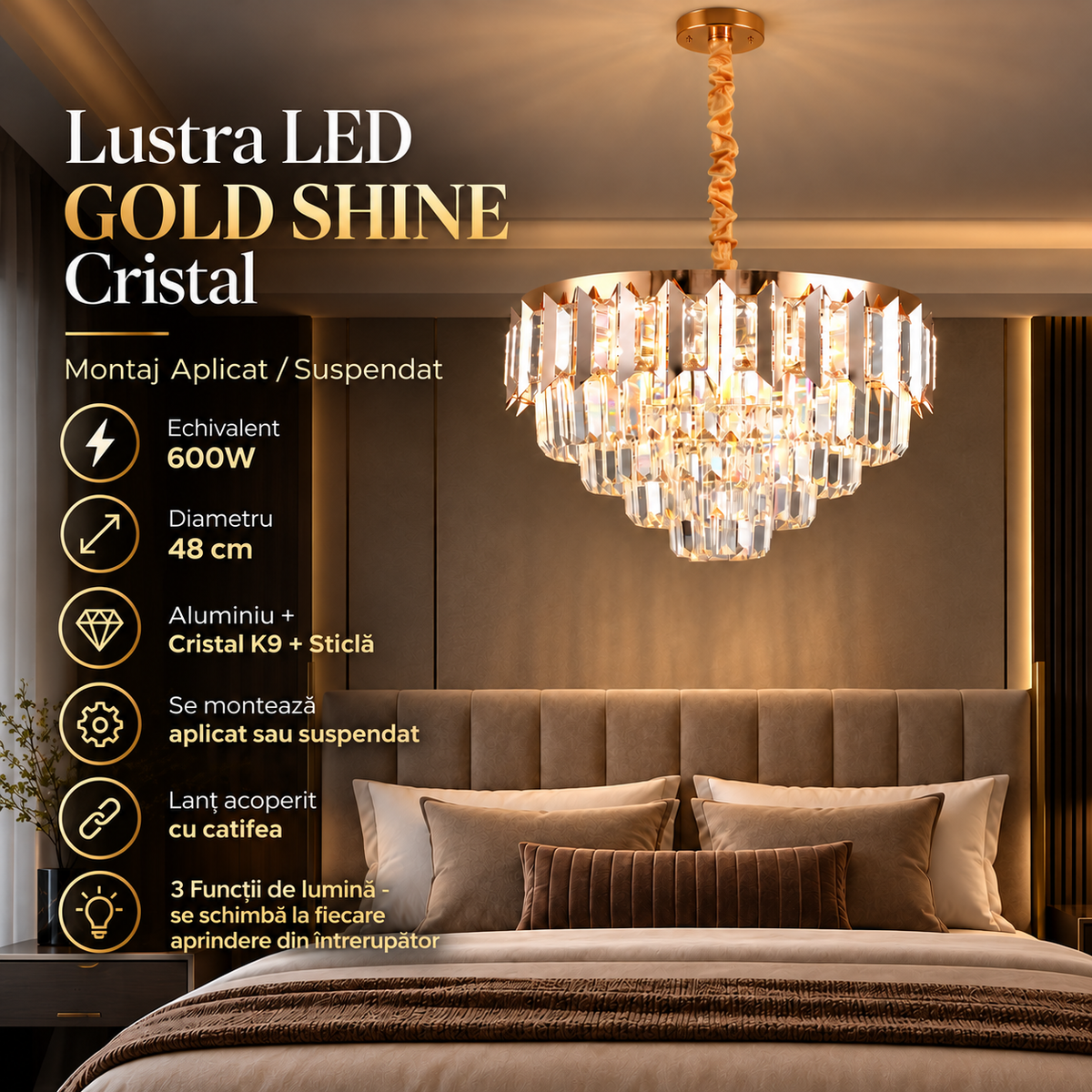 Lustra LED GOLD SHINE Cristal Echivalent 600W Montaj Aplicat/Suspendat