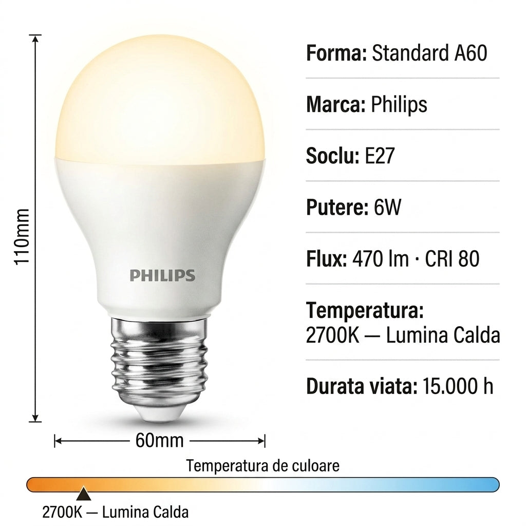 Bec LED A60 Mat Philips E27 Lumina Calda 6W Echivalent 40W